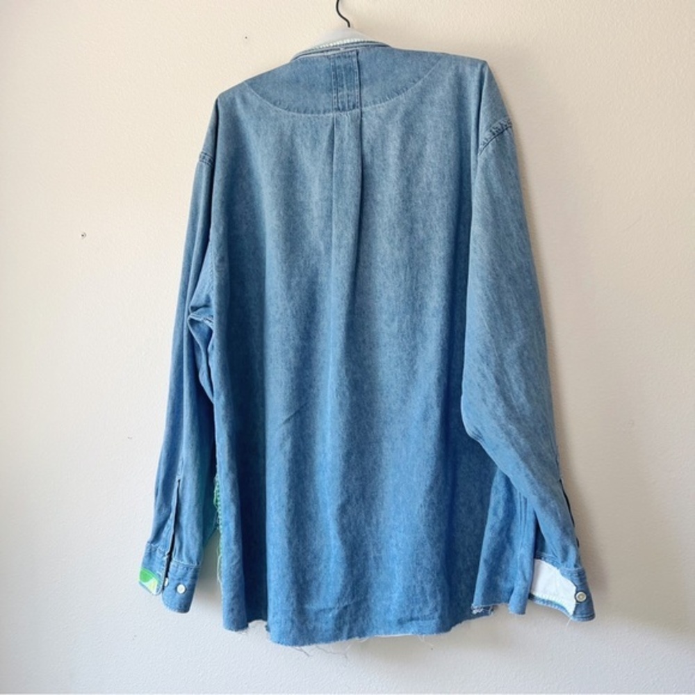 Distressed Patchwork Long Sleeve Denim Shirt Gree… - image 3